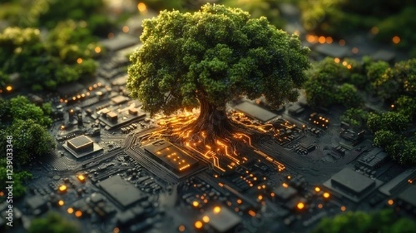Fototapeta A visually striking digital artwork depicting lush green trees rising from a futuristic circuit board.