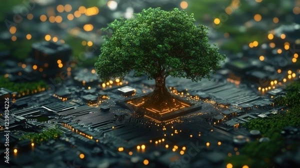 Fototapeta A visually striking digital artwork depicting lush green trees rising from a futuristic circuit board.