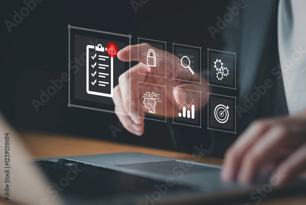 Fototapeta close up with hand of business person identify danger risk with AI among normal incident. Risk management concept for business and personal planning for risk mitigation with information and decision