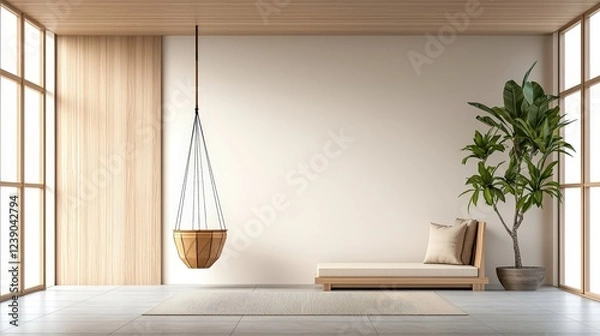 Fototapeta Modern minimalist interior with wooden accents and indoor plant in bright spacious room