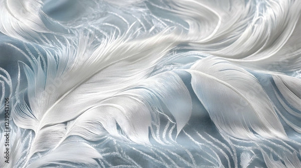 Fototapeta Ethereal feather patterns in arctic white and platinum, delicate and icy