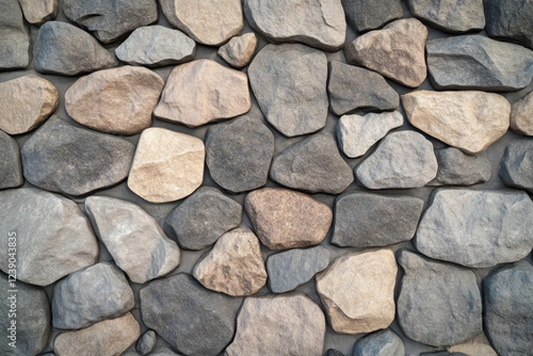 Fototapeta Close-up of a textured wall with arranged natural stones in varying shapes