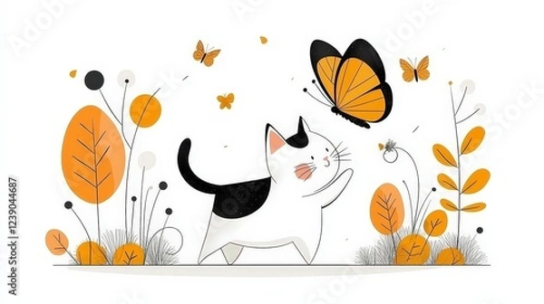 Fototapeta Playful Cat Chasing Colorful Butterfly in a Whimsical Nature Scene with Orange and Yellow Accents