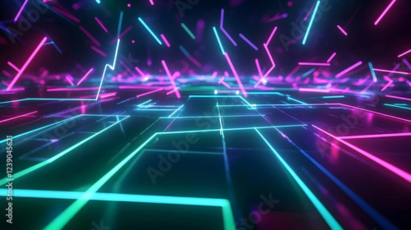Obraz Glowing 3D neon lines in green, electric blue, and magenta intersect to create a futuristic, high-energy abstract composition