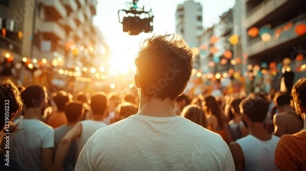 Fototapeta A vibrant scene of a crowd gathered during sunset, filled with joy and celebration, illuminated by bright decorations and lights reflecting the festive ambiance.