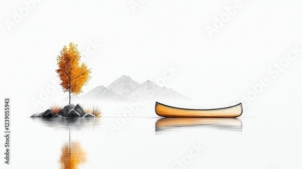 Obraz Tranquil Autumn Landscape with a Canoe, Mountain Reflection, and Vibrant Tree by the Water