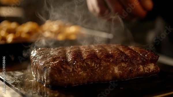 Fototapeta Seared steak resting on hot plate with steam rising, creating mouthwatering visual