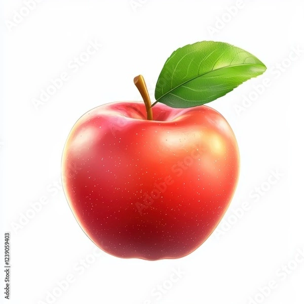 Fototapeta Bright red apple with a glossy surface and fresh green leaf isolated on white background