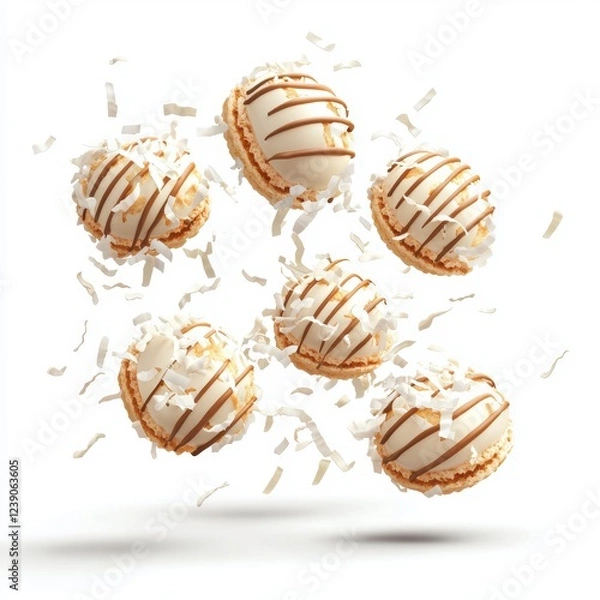 Fototapeta Coconut macaroons floating in the air with shredded coconut flakes and white chocolate drizzles on a white background