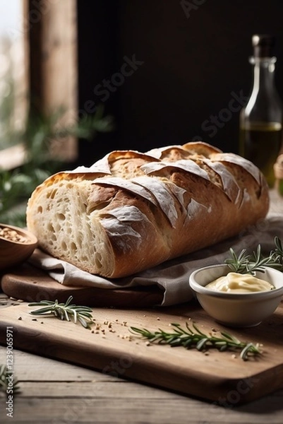 Fototapeta Realistic homemade bread loaf with fresh thyme and sauce on a wooden board. Side view close-up. Modern vertical stylish food photography.
