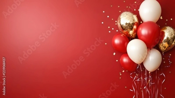 Fototapeta A beautiful arrangement of shimmering and matte balloons stands out against a red backdrop, embodying celebration, joy, and festive vibes.