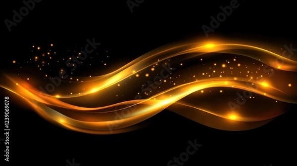 Fototapeta Abstract gold glowing waves with sparkles on black background.
