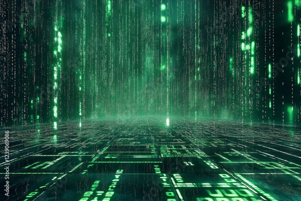 Obraz A digital matrix landscape, glowing green numbers cascading like rain