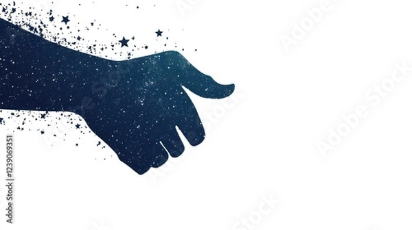 Fototapeta Hand silhouette dissolving into starry night sky, pointing right.