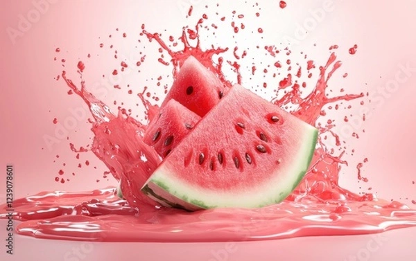Fototapeta Fresh watermelon juice explosion with bright red fruit chunks and splashes on a pastel background
