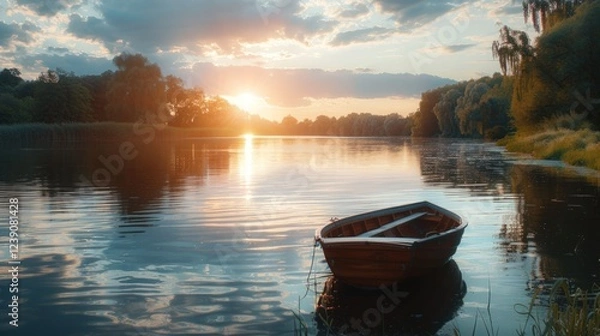 Fototapeta Scenic fjord landscape with a wooden boat floating on crystal-clear water. A tranquil, breathtaking view highlighting the beauty of nature, solitude, and Nordic scenery.