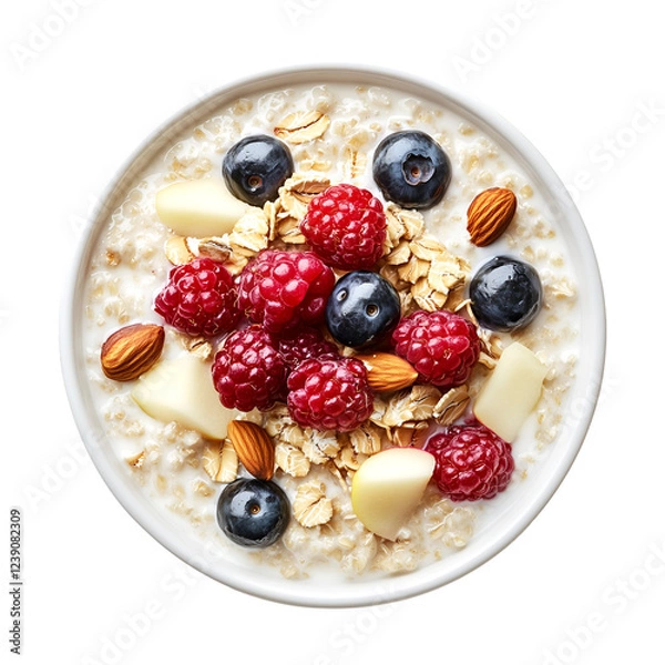 Fototapeta Delicious and healthy oatmeal breakfast bowl topped with fresh raspberries, blueberries, sliced apples, and almonds in a white bowl, isolated on transparent background, PNG, cut out
