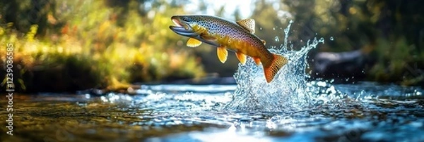Fototapeta A panoramic view showcases a rainbow trout catching bait in mid-air.