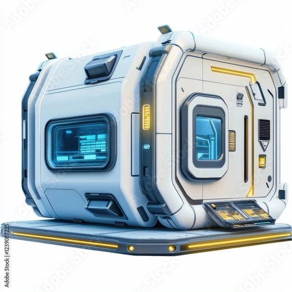 Fototapeta High-tech modular home with futuristic elements, isolated on white background