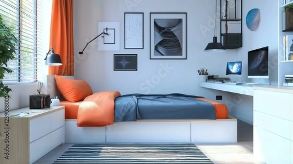 Fototapeta Inviting workspace and sleeping area in a teen's room.