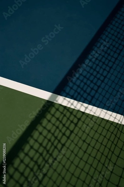 Fototapeta An abstract photograph of a tennis court with a dramatic shadow cast by the net, creating a geometric pattern of lines and shapes