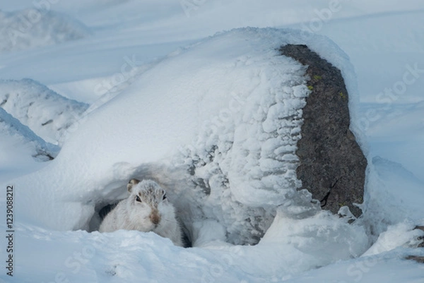 Fototapeta Mountain hare (Lepus timidus) resting by a rock, Cairngorms, Scotland