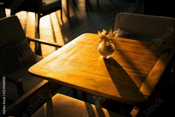 Fototapeta A close-up photograph of a wooden cafe table bathed in warm sunlight, with a small vase of flowers adding a touch of elegance