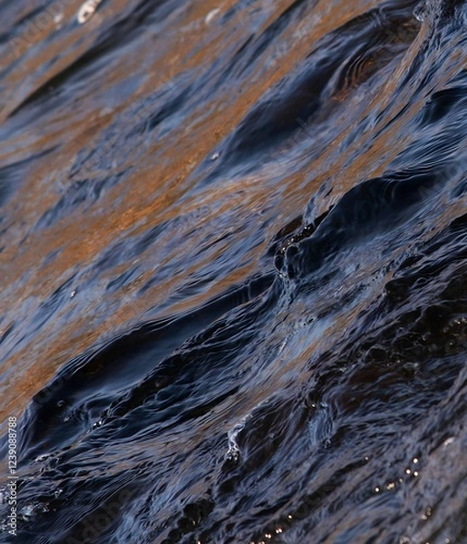 Fototapeta A close-up photograph capturing the abstract patterns and textures of flowing water, with shimmering highlights and deep shadows creating a mesmerizing visual