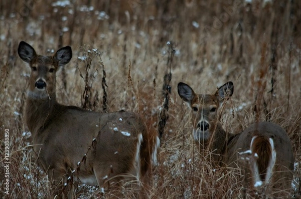 Fototapeta A captivating photograph of two graceful deer standing alert in a field of tall, dried grasses during the winter season