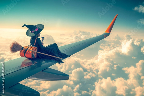 Obraz Witch Relaxing on Airplane Wing with Backpack and Wine
