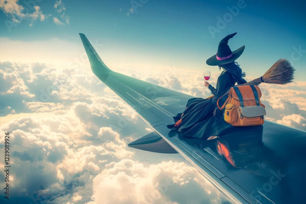 Obraz Witch Relaxing on Airplane Wing with Glass of Wine