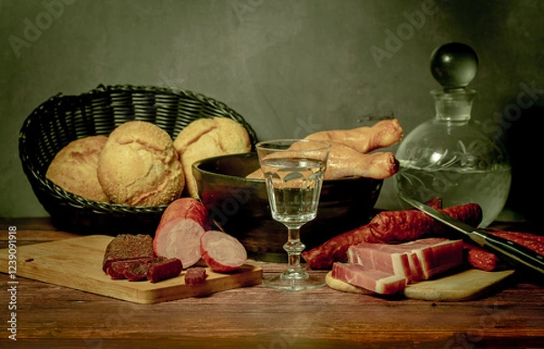 Obraz A stylized antique still life with meat, sausages, salami, lard and a glass of vodka.	
