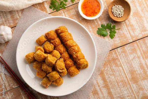 Fototapeta Deep Fried Chicken Rolls in white plate.with chilli sweet sauce.(Hoi Jo).Top view.