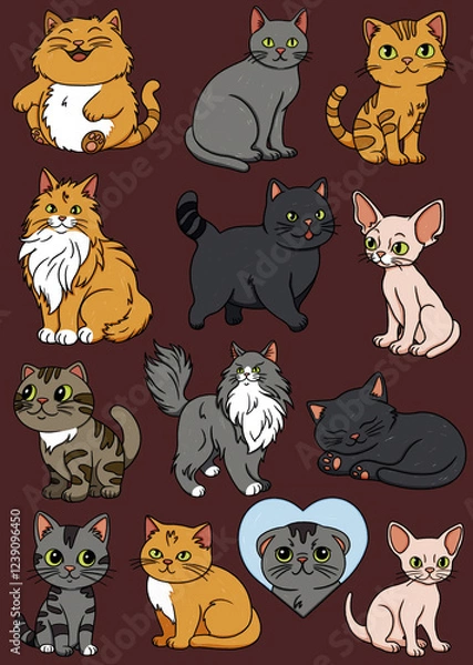 Fototapeta set of icons, illustrations of cats of different breeds, cartoon character kitty, cat stickers, kitten, cute, funny, illustration on a red background