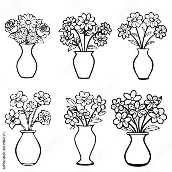 Obraz set of vase Flower line art vector illustration coloring page