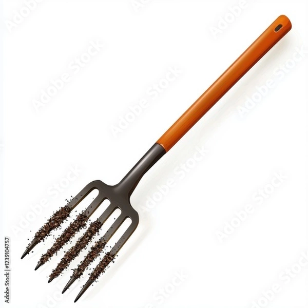 Fototapeta Pitchfork with soil-covered tines, isolated on white background