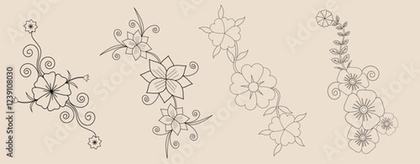 Obraz Flower ornament with Leaves Coloring Page outline pattern for embroidery Bundle, Graphic Element Vector design
