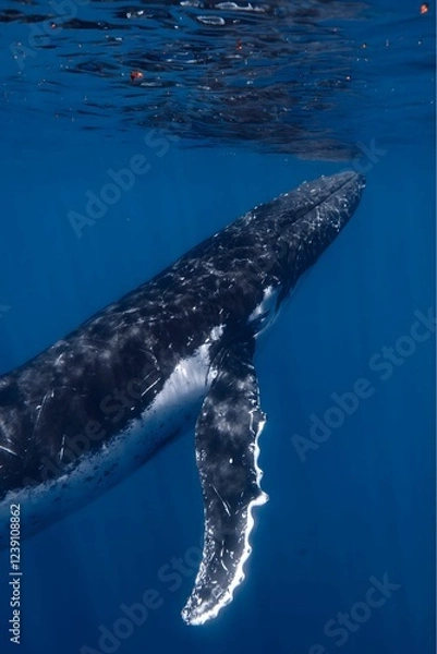 Fototapeta A close-up of a humpback whale swimming underwater, showing its distinctive flipper and head.