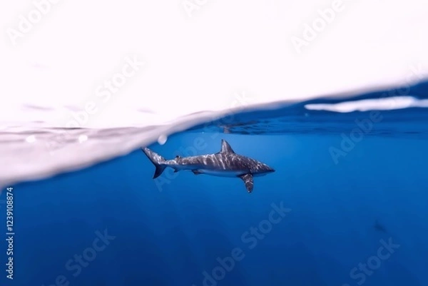 Fototapeta A shark swims just below the surface of the water, its silhouette visible against the bright sky above.