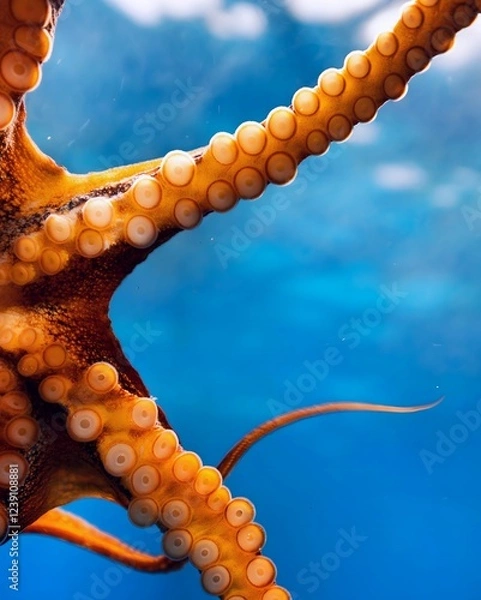 Fototapeta A close-up of an octopus arm, showing its many suckers and intricate texture against a blue water background.