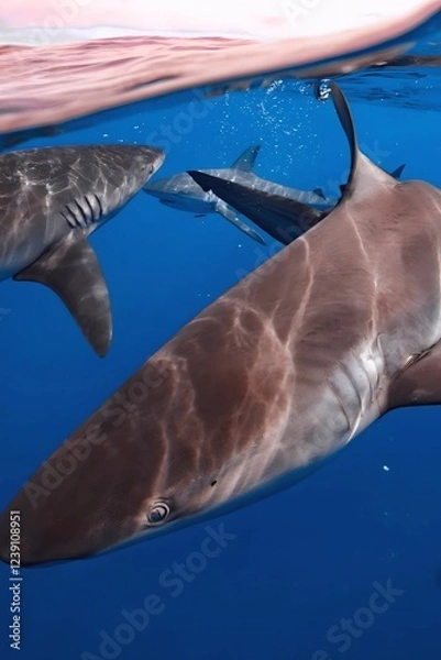 Fototapeta A group of sharks swims together in clear blue water, their silhouettes visible against the surface.