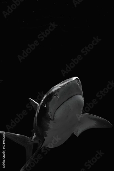 Fototapeta A close-up of a shark's head illuminated against a dark background, creating a dramatic and mysterious image.