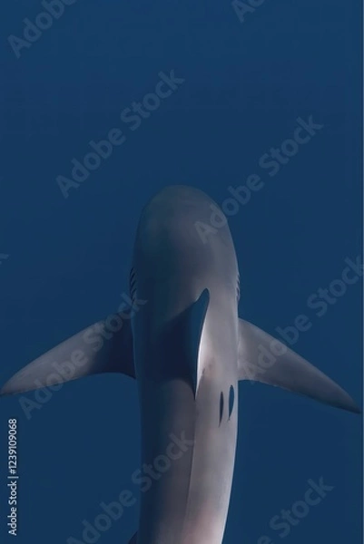 Fototapeta A close-up view of a shark swimming underwater, showing its dorsal fin and tail from below.