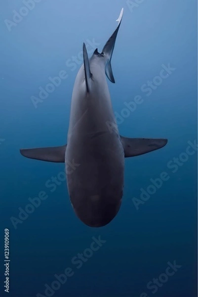 Fototapeta A close-up view of a shark swimming underwater, showing its dorsal fin and tail from below.