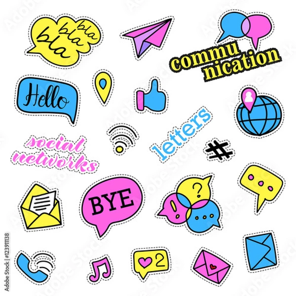 Obraz Pop art set with fashion patch badges. Social networks set. Stickers, pins, patches, quirky, handwritten notes collection. 80s-90s style. Trend. Vector illustration isolated. Vector clip art.