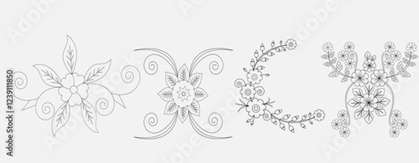 Obraz Flower pattern for embroidery elements Bundle With Leaves Coloring Page Graphic Elements Outline vector