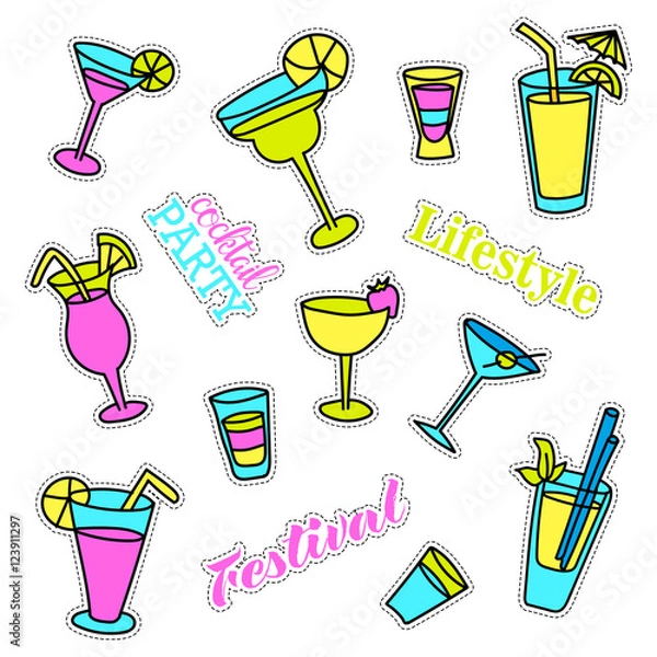 Obraz Pop art set with fashion patch badges. Cocktails. Stickers, pins, patches, quirky, handwritten notes collection. 80s-90s style. Trend. Vector illustration isolated. Vector clip art