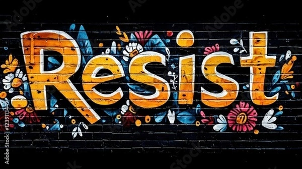 Fototapeta resist concept. Colorful mural featuring the word "Resist" adorned with flowers and abstract designs on a dark background.