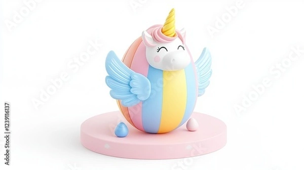 Fototapeta A cute, pastel-colored unicorn egg figure with wings, featuring a smiling face, perfect for decoration or as a playful gift.