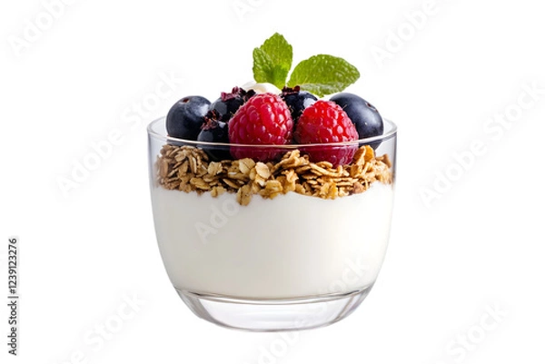 Fototapeta A small bowl of yogurt parfait with layers of granola, fresh berries, and honey. Transparent background


